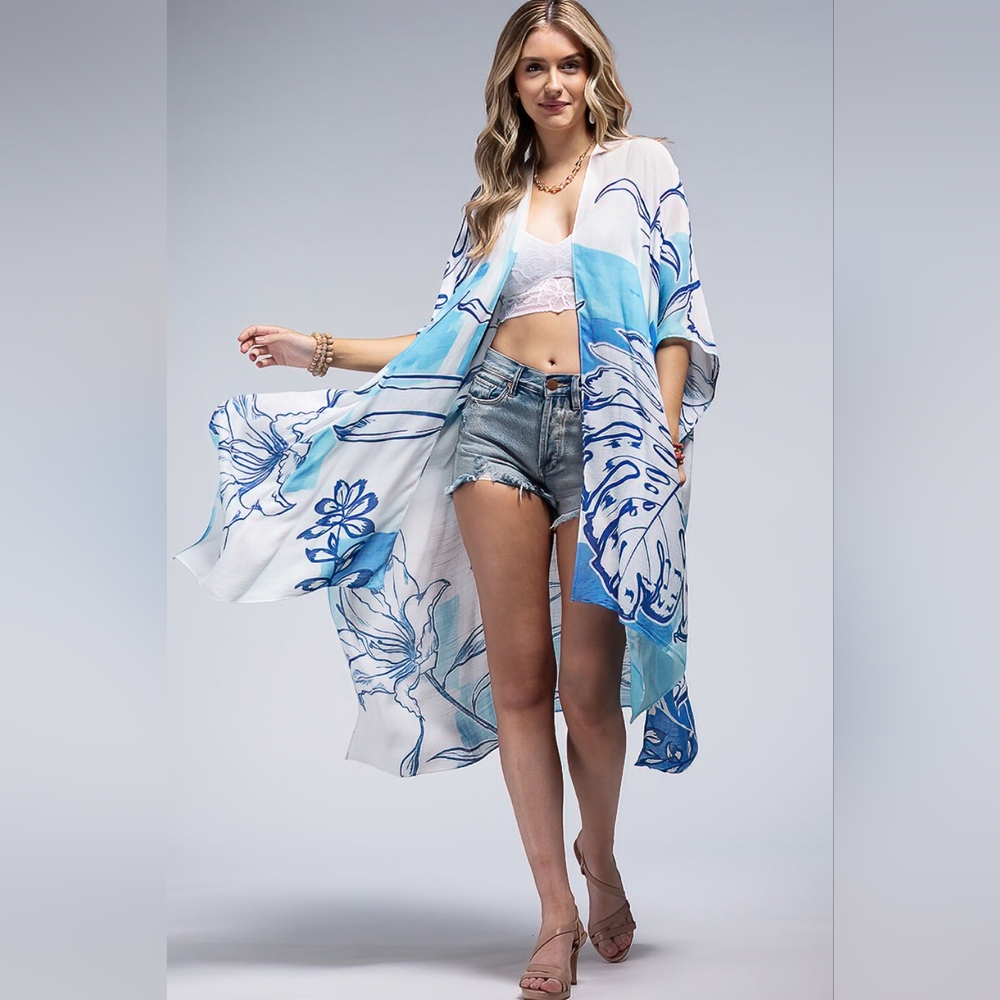 Blue Palm Watercolor Tropical Print Kimono - Silky Material - Lightweight & Airy - Picture 5 of 5